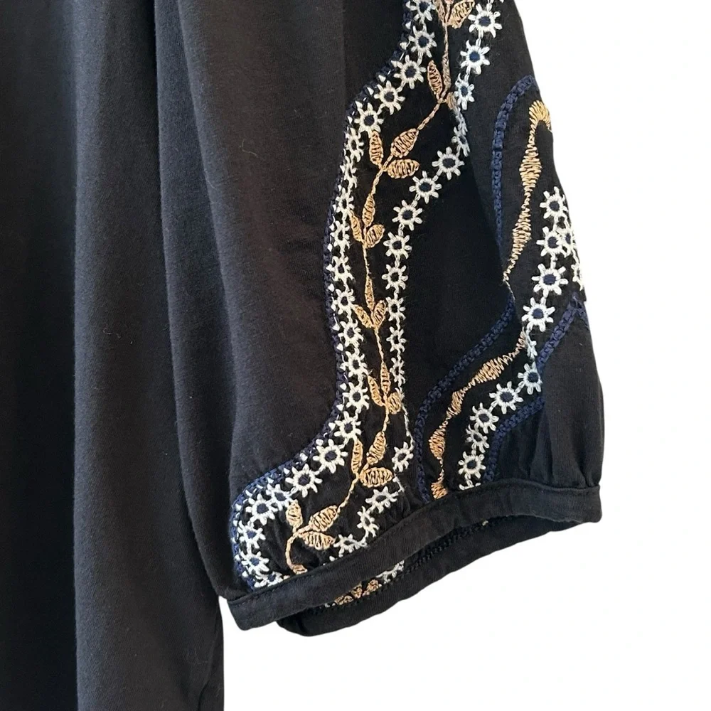 Banana Republic Black Blouse with Embroidered Puff Sleeves